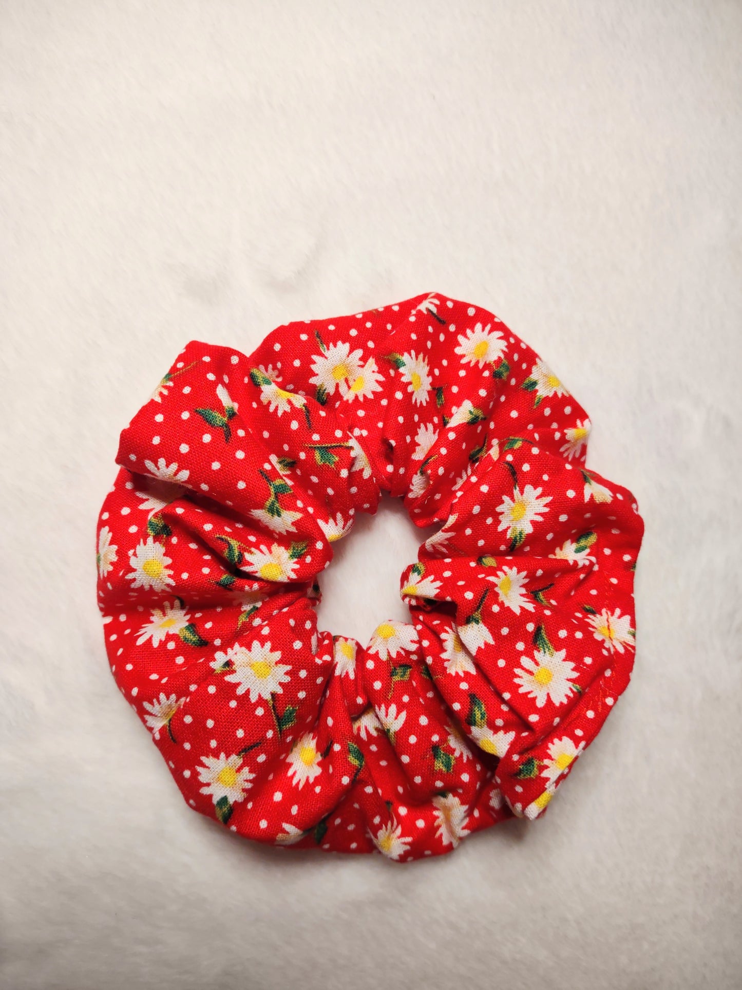 "Spring Daisies" Red Cotton Hair Scrunchie (Limited)