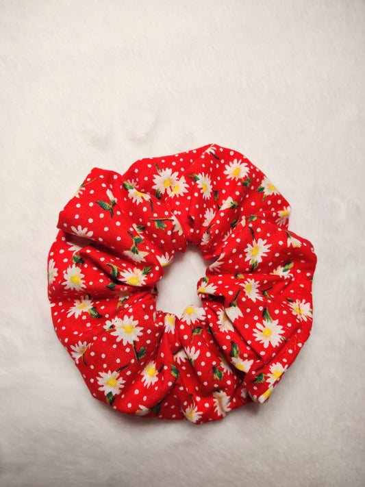 "Spring Daisies" Red Cotton Hair Scrunchie (Limited)