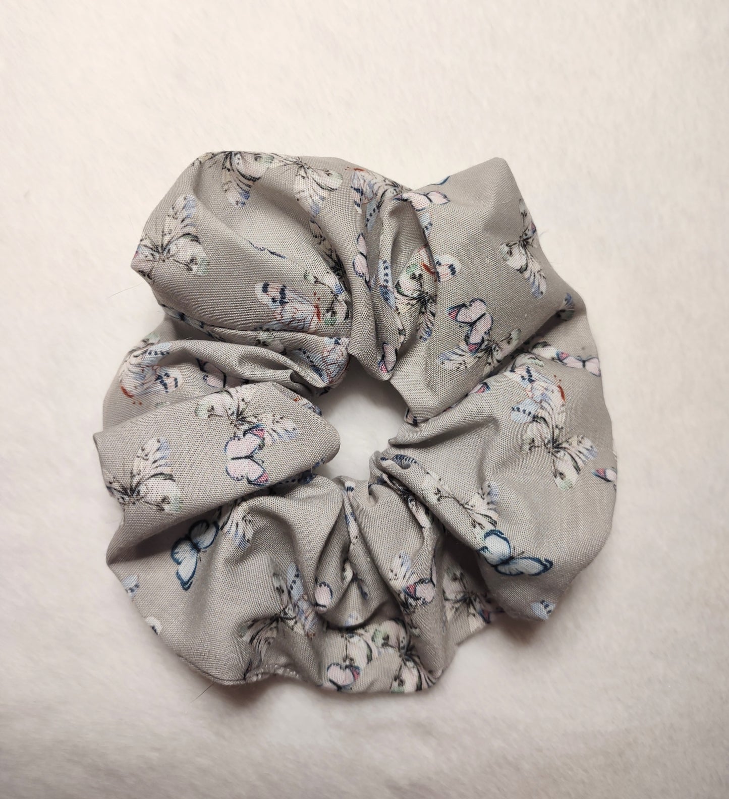 "Butterfly Garden" Gray Cotton Butterfly Print Hair Scrunchie