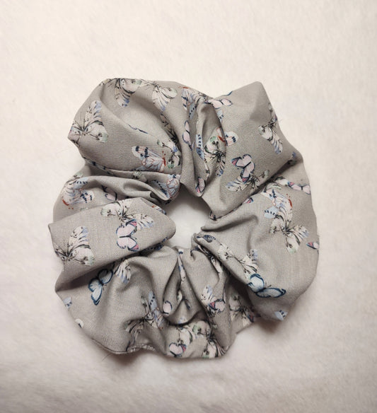 "Butterfly Garden" Gray Cotton Butterfly Print Hair Scrunchie