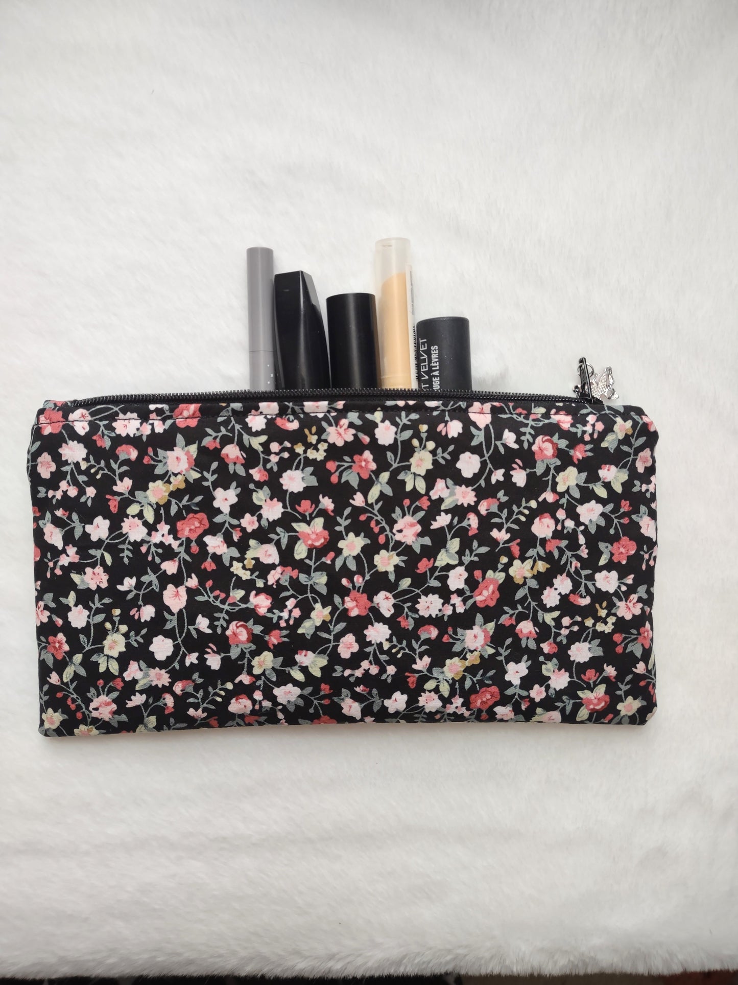 "Flower Garden" Black Cotton Floral Print Makeup Bag