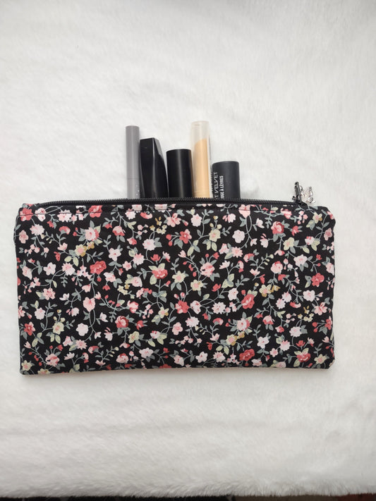 "Flower Garden" Black Cotton Floral Print Makeup Bag