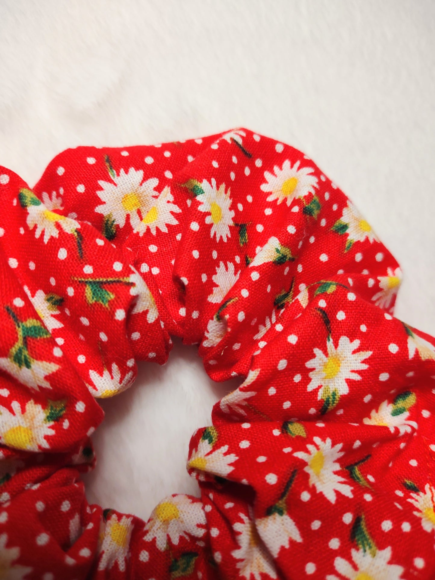 "Spring Daisies" Red Cotton Hair Scrunchie (Limited)