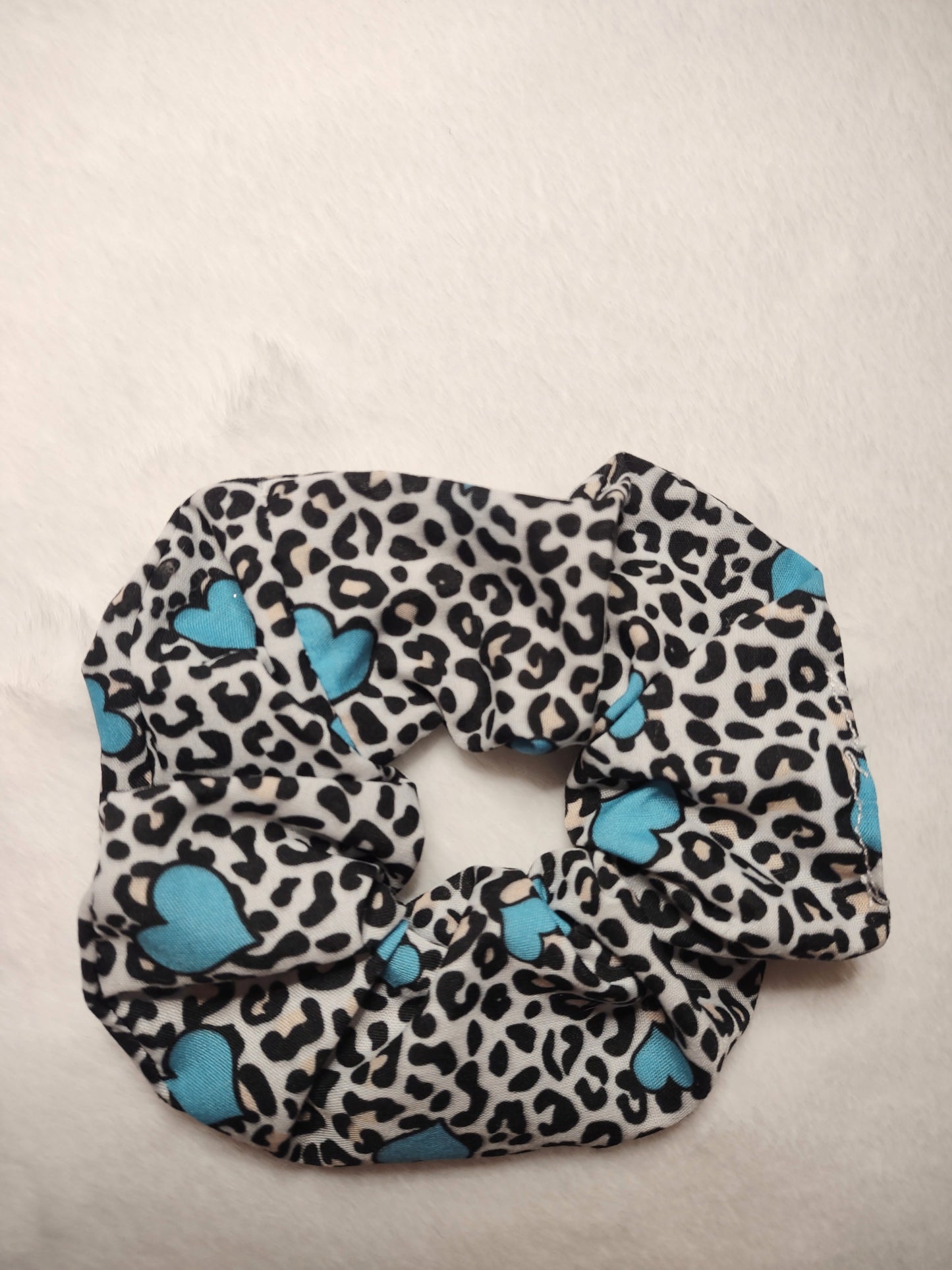 "Leopard Hearts" White Cotton Leopard Print Hair Scrunchie